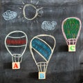 Back to school. Drawing of three balloons or aerostats on a school blackboard with the letters ABC and school supplies. Royalty Free Stock Photo