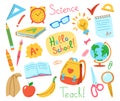 Back to School drawn cartoon set learning school supplies education concept objects student vector Royalty Free Stock Photo