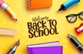 Back to school education banner. Back to school welcome text with colorful educational supplies