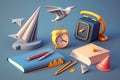 Back to school and education concept, alarm clock, notebook, pencils, paper plane, paper plane and bird on blue background