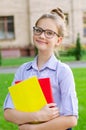 Back to school. Education concept. Cute smiling schoolgirl in glasses outdoor