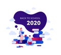 Back to school 2020 and education concept. Vector flat person illustration. Couple of girl and boy reading. Text in frame. Book, Royalty Free Stock Photo