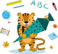 Back to school education cute Tiger with schoolbag and school cone vector illustration