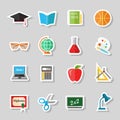 Back to school and education flat icons with computer, open book, desk, globe. Paper stickers elements.