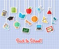 Back to school and education flat icons with computer, open book, desk, globe. Paper stickers elements. Royalty Free Stock Photo