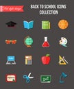Back to school and education flat icons with computer, open book, desk, globe. Paper stickers elements. Royalty Free Stock Photo