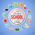 Back to school and education flat icons with computer, open book, desk, globe. Paper stickers elements. Royalty Free Stock Photo