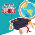 back to school education globe graduation hat and certificate