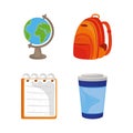 Back to school education icon set globe map backpack notepad and coffee cup Royalty Free Stock Photo