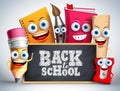 Back to school education items vector characters. School mascots
