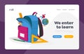 Back to School, Education Landing Page Template. Characters Put Huge Accessories into Pupil Backpack Royalty Free Stock Photo