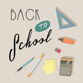 Back to school. Education. Triangle, pencil, eraser, pen, marker, calculator, sticker vector