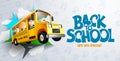 Back to school education vector design. Back to school text with student characters riding school bus in paper doodle background.
