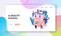 Back to School, Education Website Landing Page, Characters Put Accessories into Backpack. People Holding Pencil, Paints, Book Royalty Free Stock Photo