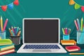 Back to school element background with laptop, books and colored pencils Royalty Free Stock Photo