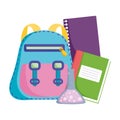 Back to school, elementary education cartoon backpack books and chemistry flask Royalty Free Stock Photo