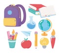 Back to school, elementary education cartoon stationery supplies bag map pencil books Royalty Free Stock Photo