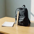 Back to School Essentials: Backpack, Notebook, and Ruler on Wooden Table Royalty Free Stock Photo
