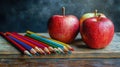 Back to School Essentials, An engaging still life featuring bold red apples layered next to an array of vibrant colored