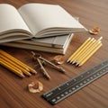 Back to School Essentials: Notebooks, Pencils, Compass, and Ruler on Wooden Desk Royalty Free Stock Photo