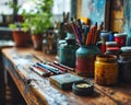 Back to school essentials in a round arrangement on wood, educational photo