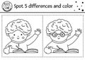 Back to school find differences game for children. Black and white educational activity and coloring page with school boy. Autumn Royalty Free Stock Photo