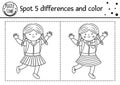 Back to school find differences game for children. Black and white educational activity and coloring page with school girl. Autumn