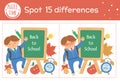 Back to school find differences game for children. Educational activity with schoolboy standing next to chalkboard and kawaii Royalty Free Stock Photo