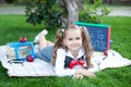 Back to school. first day of autumn. Little Girl and retro alarm clock. School years. time to go to school. Child education, schoo Royalty Free Stock Photo