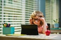 Back to school. First day at school. Cute little boy child using laptop computer, studying through online e-learning Royalty Free Stock Photo