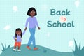 Back to school flat background African American mother walking her daughter to school Royalty Free Stock Photo