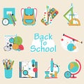 Back to school flat design modern vector illustration background with education icon set. Royalty Free Stock Photo