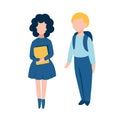 Back to school flat illustration with two school children - boy with backpack and girl with books in hands Royalty Free Stock Photo