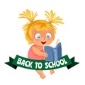 Back to school flat poster, girl sitting and reading interesting book Royalty Free Stock Photo