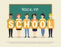 Back to school flat vector illustration of happy pupils in school class near chalk desk with big letters school