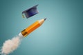 Back to school. Flying academic graduation cap and pencil with smoke like a rocket. 3d rendering