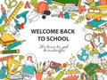 Back to school frame border pattern of kids doodles with bus, bo Royalty Free Stock Photo