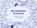 Back to school frame border pattern of kids doodles with bus, bo Royalty Free Stock Photo