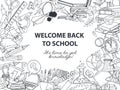 Back to school frame border pattern of kids doodles with bus, bo Royalty Free Stock Photo