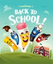 Back to School! Funny cute cartoon school stationery character.