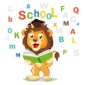 Back To School. Funny Lion Read Book On A White Background. Cartoon Vector Illustrations.