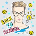 Back to school funny vector illustration. Doodle style colorful artwork with trendy teenager and vintage symbols. East editable te