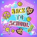 Back to school funny vector illustration. Doodle style colorful artwork with vintage symbols. 80s and 90s. East editable template