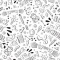 Back to school funny vector seamless pattern. Black and white school supplies and creative elements isolated. Doodle style artwork Royalty Free Stock Photo