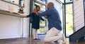 Back to school, getting ready and a girl student with her dad in their apartment together to say goodbye. Black family Royalty Free Stock Photo