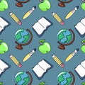 Back to school globe, pencil, apple, vector seamless pattern in the style of doodles, hand drawn Royalty Free Stock Photo