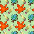 Back to school: globe, pencil, maple leaf, vector seamless pattern in the style of doodles, hand drawn Royalty Free Stock Photo