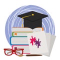 Back to school, graduation hat on books glasses and color spots in papers