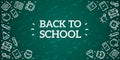 Back to school. Green blackboard background. School, office supplies. Doodle icons set and chalk inscription. Simple realistic Royalty Free Stock Photo
