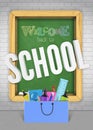 Back to school green blackboard colorful banner concept for sale promo. Welcoming poster with study supplies